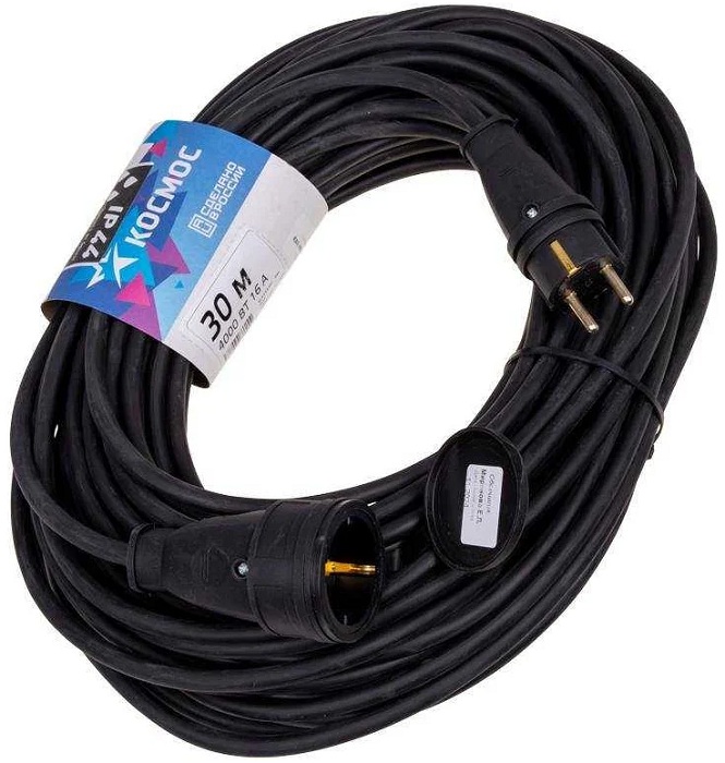 Удлинитель Космос YSHKsm30m-1g(10A)KG -шнур 1х30м 10а ip44 3500вт 220-350в кг 2х1.0мм каучук
