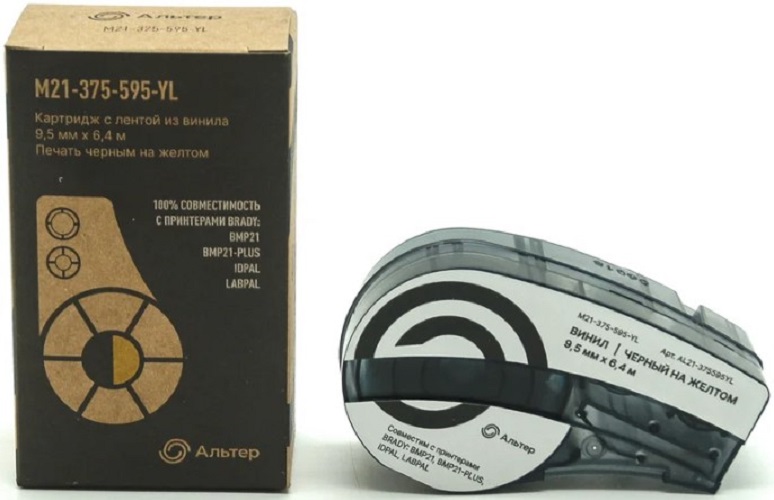 Картридж Альтер M21-500-595YL AL21-500595YL с лентой из винила 12.70 мм х 6.40 м, черный на желтом (для принтера BRADY BMP21, BMP21+)
