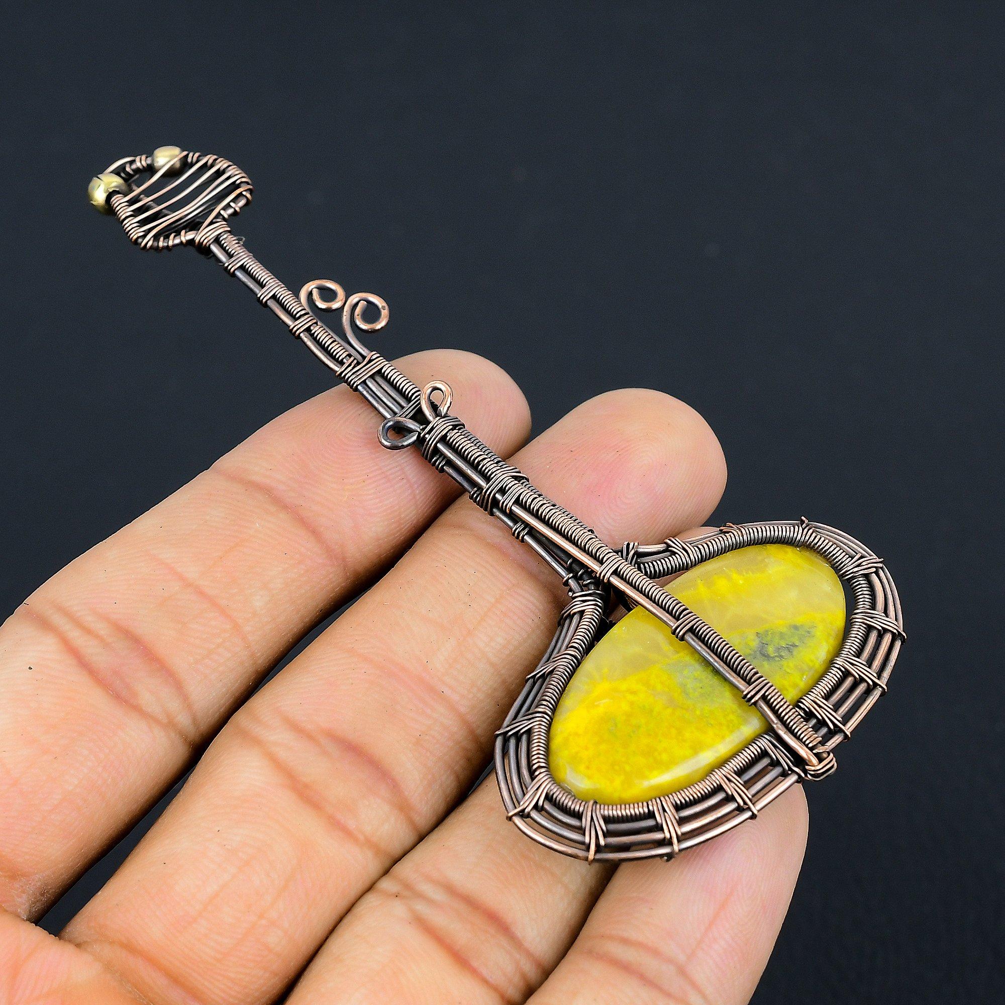 Guitar Bumblee Bee Jasper Handmade Copper Wire Wrap Pendant 3.82 g4m13 beige Copperjewels