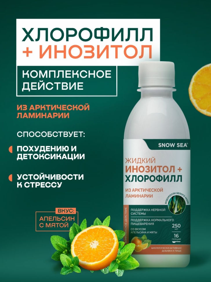Жидкий хлорофилл с инозитолом SNOW SEA® со вкусом апельсина и мяты для контроля стресса БАД, 250 мл SnowSea