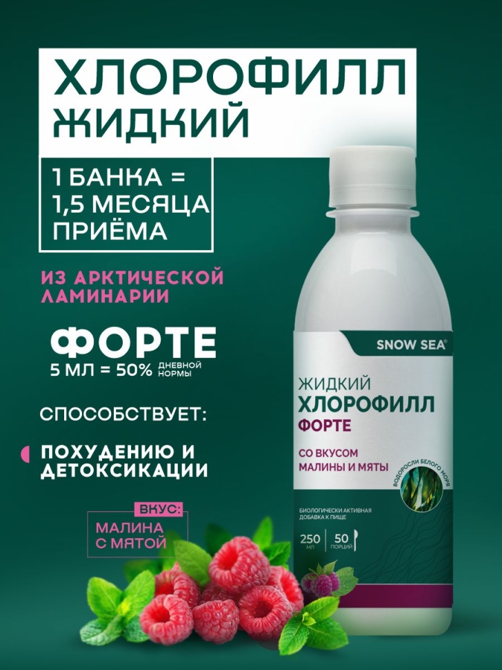 Жидкий хлорофилл Форте SNOW SEA® со вкусом мяты и малины для детокса и похудения БАД, 250 мл SnowSea