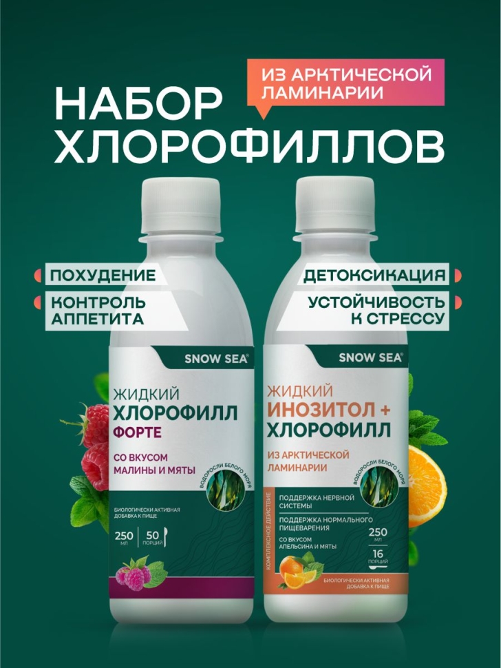 Набор БАД к пище «Жидкий инозитол + хлорофилл» и БАД к пище «Хлорофилл ФОРТЕ» SnowSea