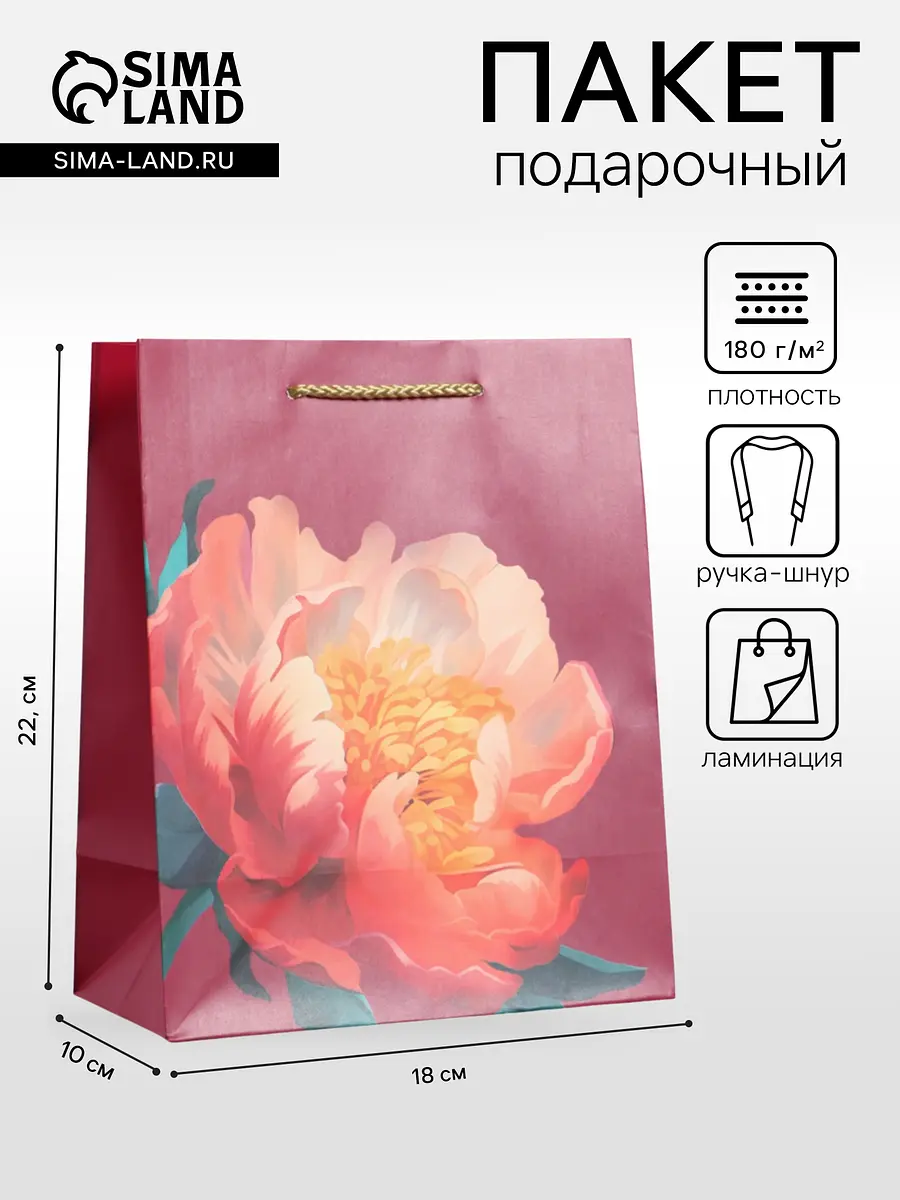 Пакет подарочный ламинированный Пион бордовый 18×22.3×10 см АРТ ДИЗАЙН