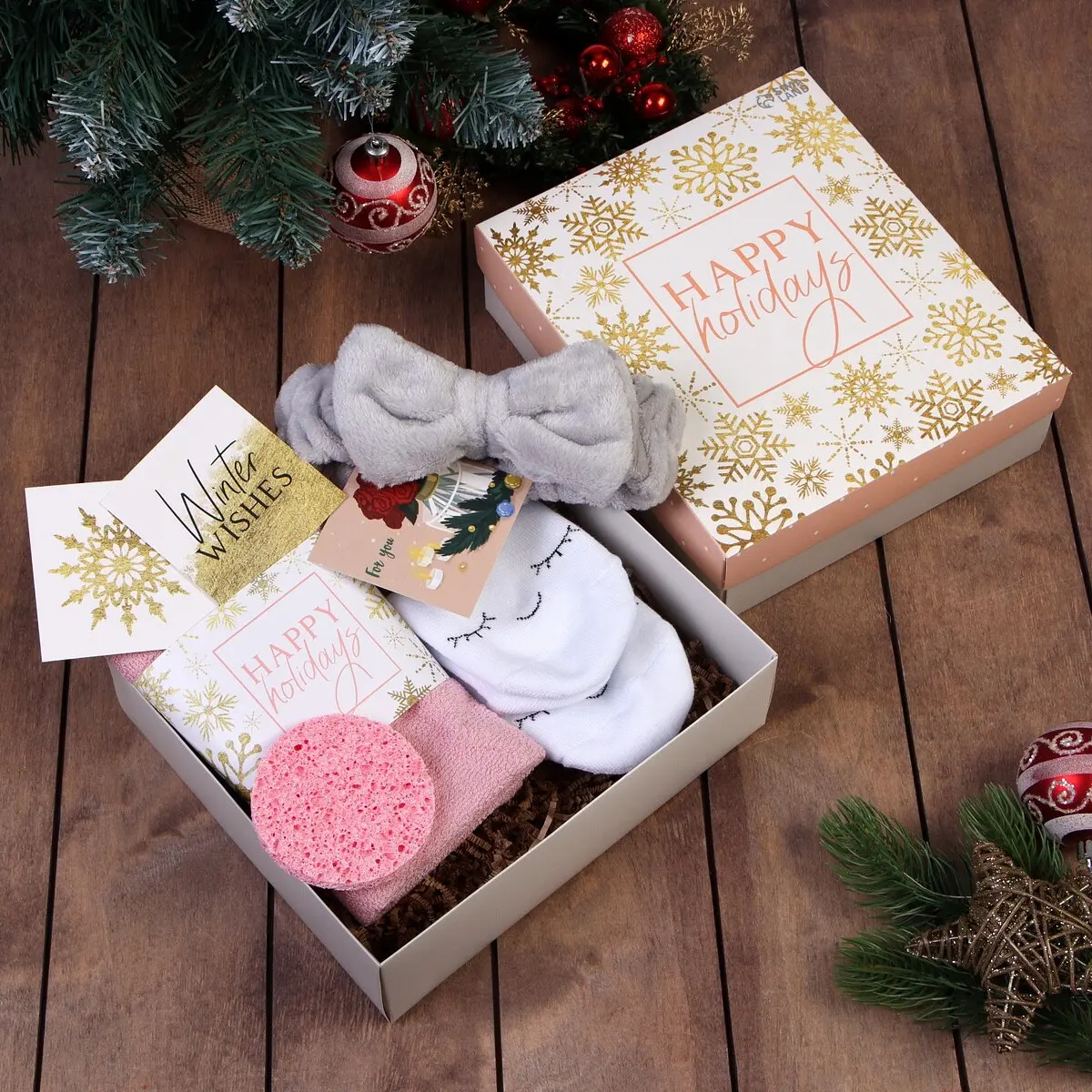 Подарочный набор Этель Happy holidays 6 предметов новогодний женский 6 предметов серо-розовый