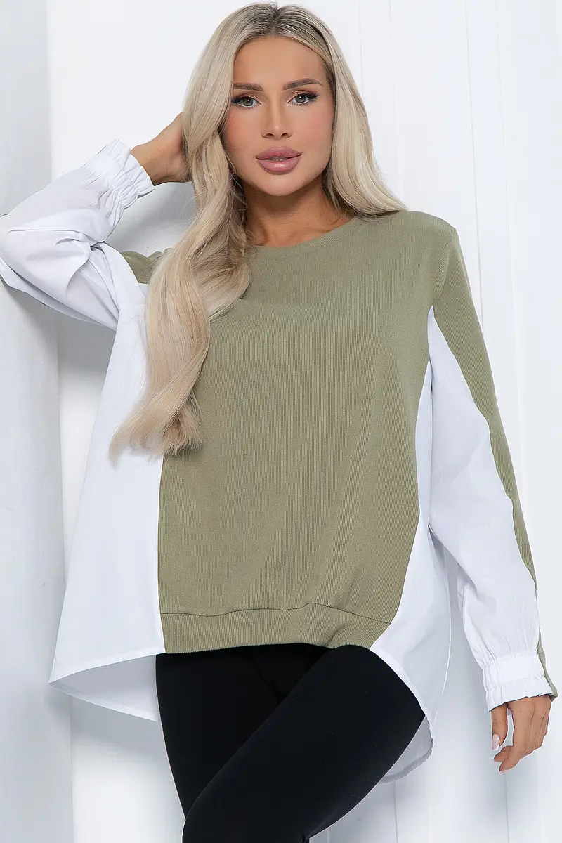 Джемпер LT COLLECTION оверсайз с асимметричным низом оливково-белый