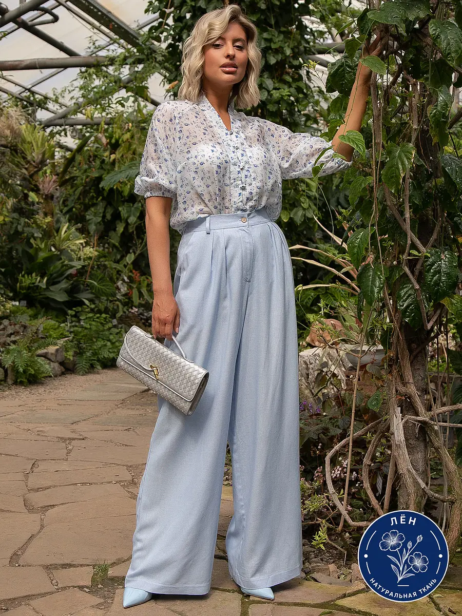 Брюки LT COLLECTION палаццо льняные голубые