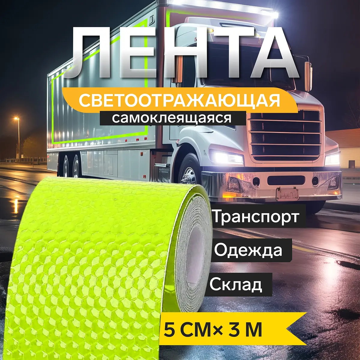 Светоотражающая лента TORSO самоклеящаяся зелёная 5 см × 3 м