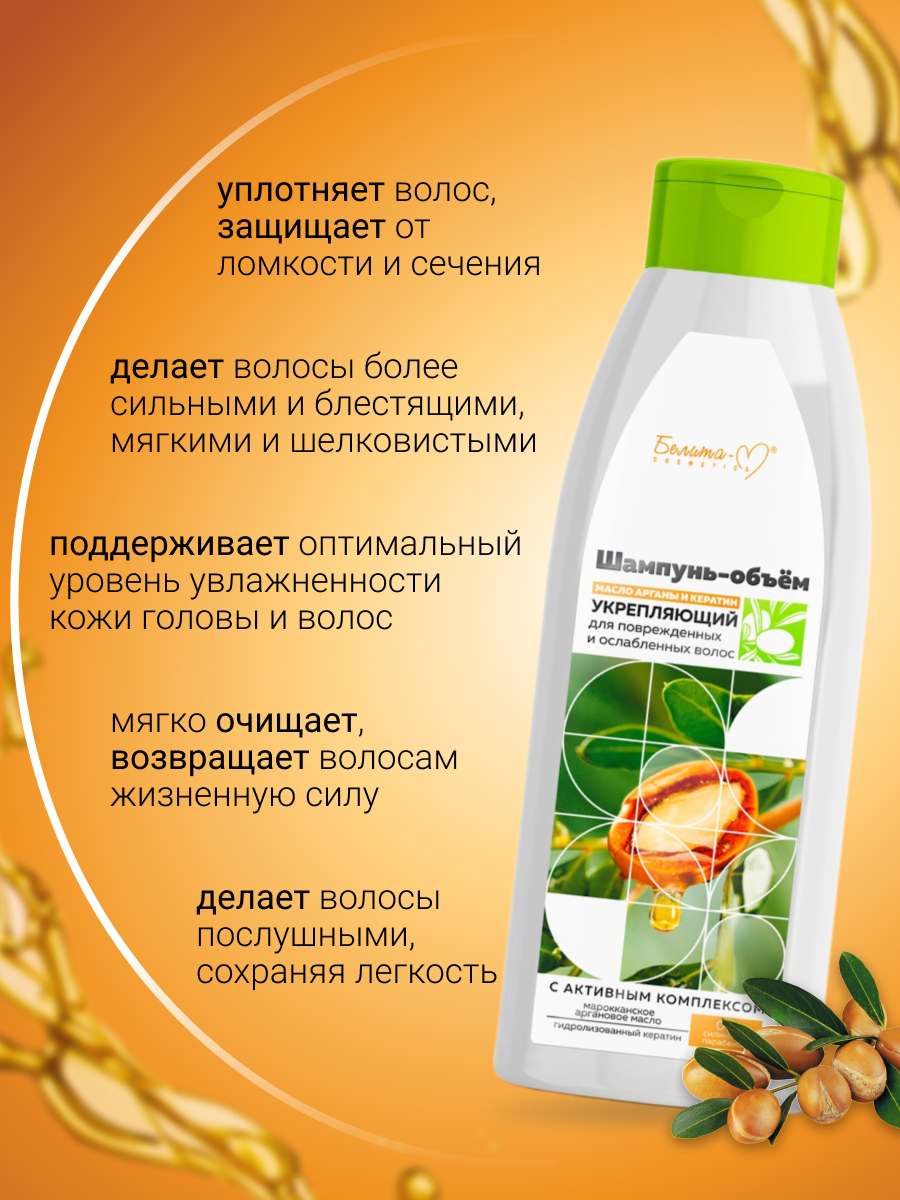 Белита-М COSMETICS Масло арганы и кератин Шампунь-объем Укрепляющий для поврежденных волос 500г Белика-М ООО