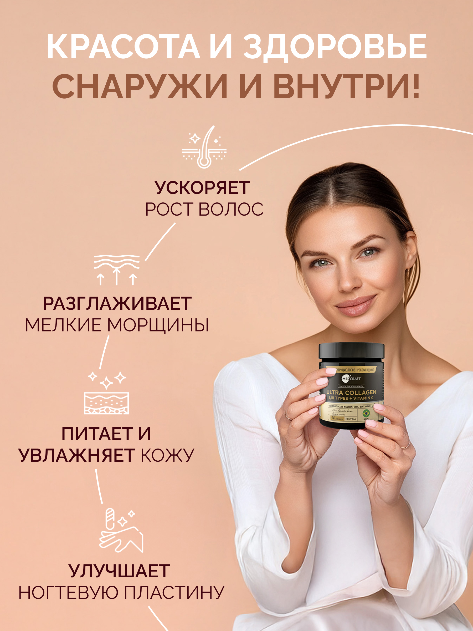 Коллаген порошок для волос для суставов для связок  MedCraft 180 гр ВинЛаб Нутришин ООО