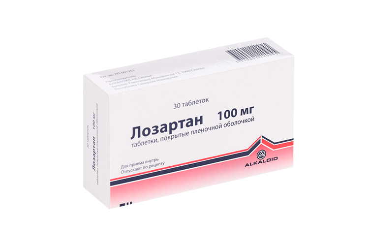 Лозартан 100 мг, 30 шт, таблетки покрытые пленочной оболочкой Алкалоид АД Скопье