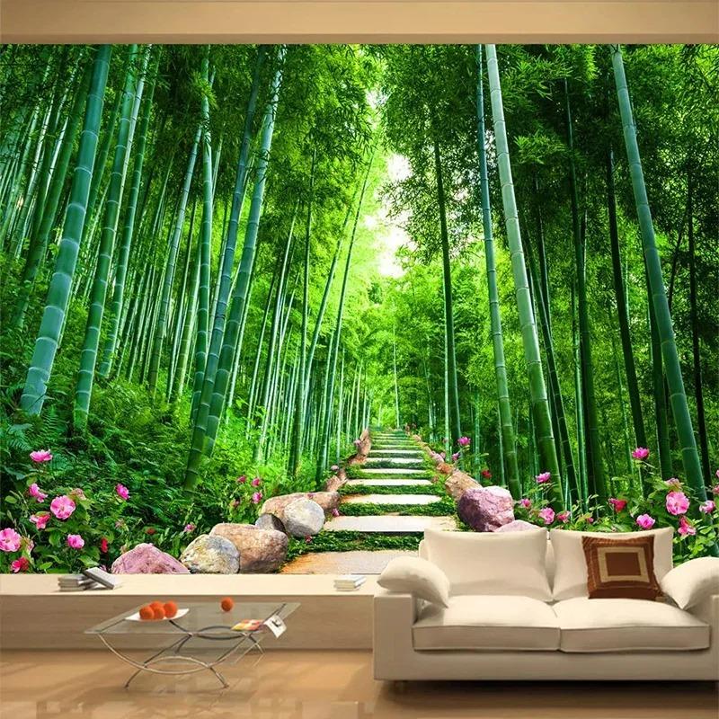 Фотообои 3D Зеленый лес Бамбук Природа Пейзаж Фреска Гостиная Телевизор Диван Фон Настенная роспись 200 cm(W) x 140 cm(H) green KOMNNI