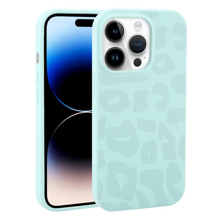 For iPhone 14 Pro Max Large Hole Leopard Print Liquid Silicone Phone Case(Light Cyan) SUNSKY