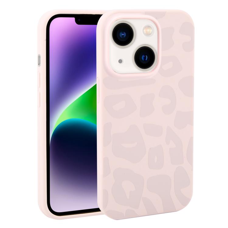 For iPhone 14 Plus Large Hole Leopard Print Liquid Silicone Phone Case(Dusty Pink) SUNSKY