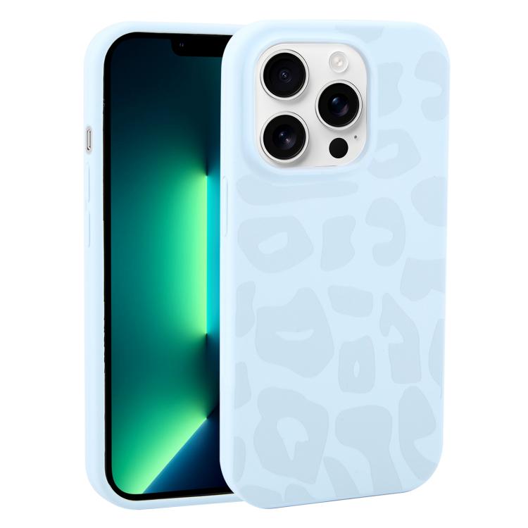 For iPhone 13 Pro Max Large Hole Leopard Print Liquid Silicone Phone Case(Sky Blue) SUNSKY