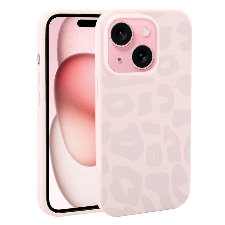 For iPhone 15 Plus Large Hole Leopard Print Liquid Silicone Phone Case(Dusty Pink) SUNSKY