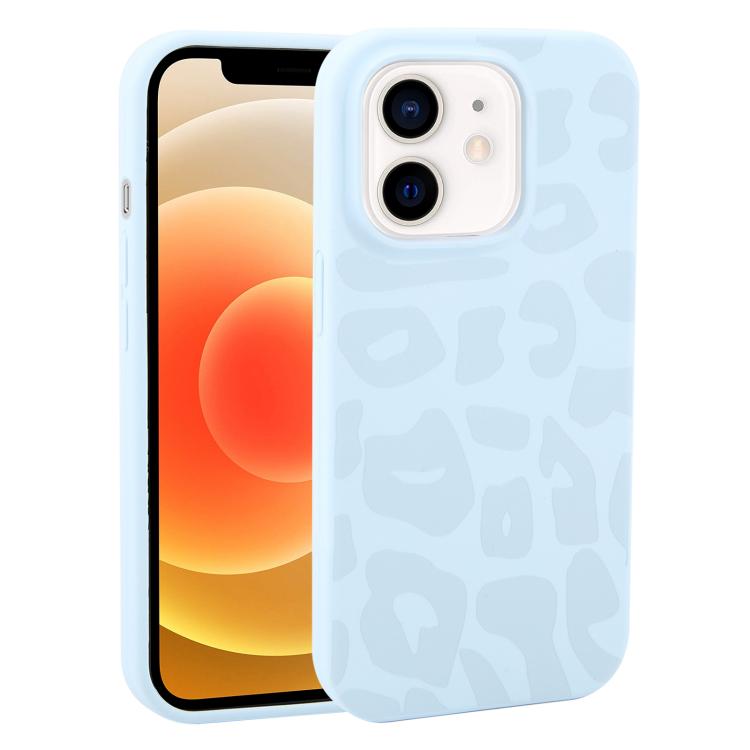 For iPhone 12 Large Hole Leopard Print Liquid Silicone Phone Case(Sky Blue) SUNSKY