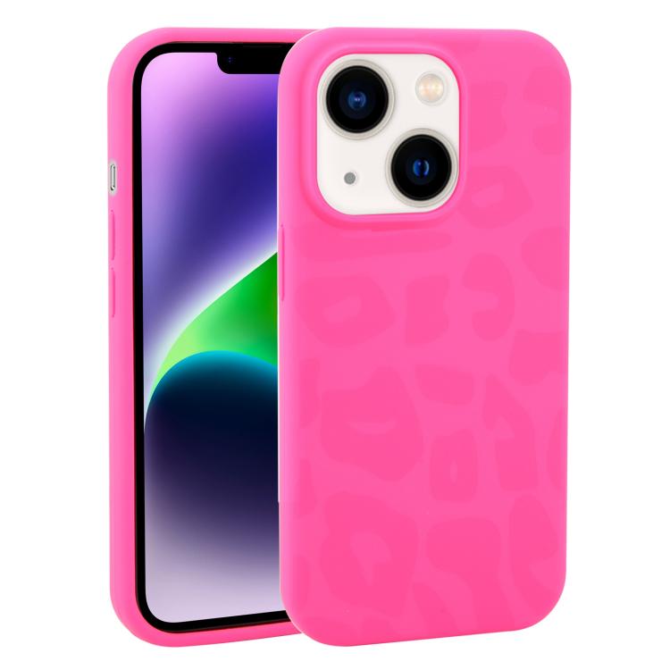 For iPhone 14 Large Hole Leopard Print Liquid Silicone Phone Case(Hot Pink) SUNSKY