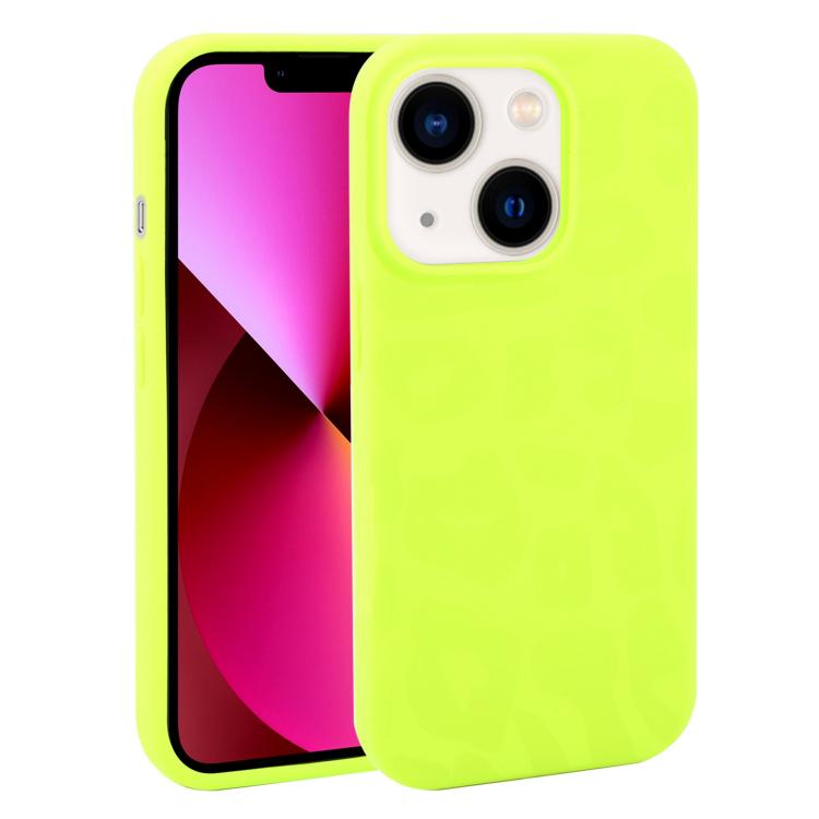 For iPhone 13 Large Hole Leopard Print Liquid Silicone Phone Case(Bright Green) SUNSKY