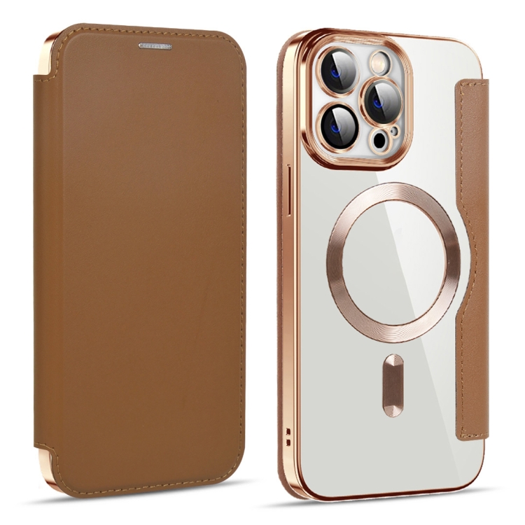 For iPhone 15 Pro Max Shield MagSafe RFID Anti-theft Leather Phone Case(Brown) SUNSKY