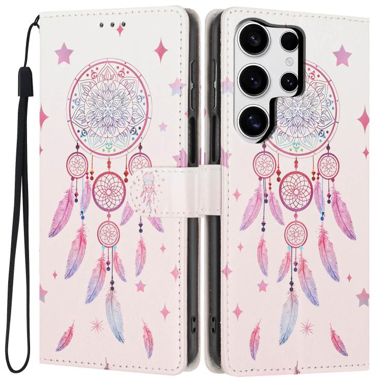 For Galaxy S23 Ultra 5G Colorful Painting Vegan Leather Phone Case with Lanyard(Feather Wind Chimes) SUNSKY