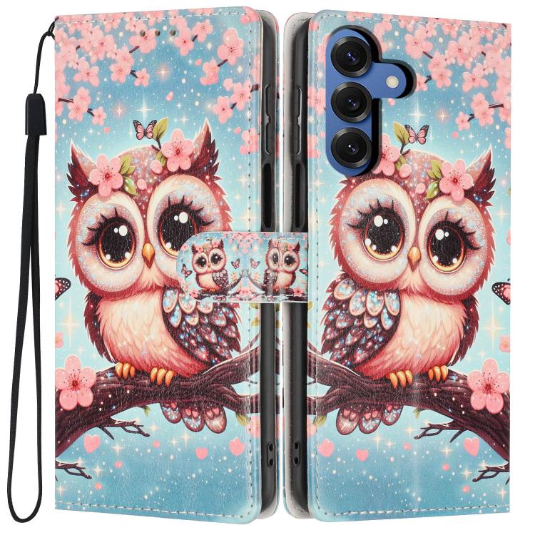 For Galaxy S25 5G Colorful Painting Vegan Leather Phone Case with Lanyard(Cherry Blossom Owl) SUNSKY