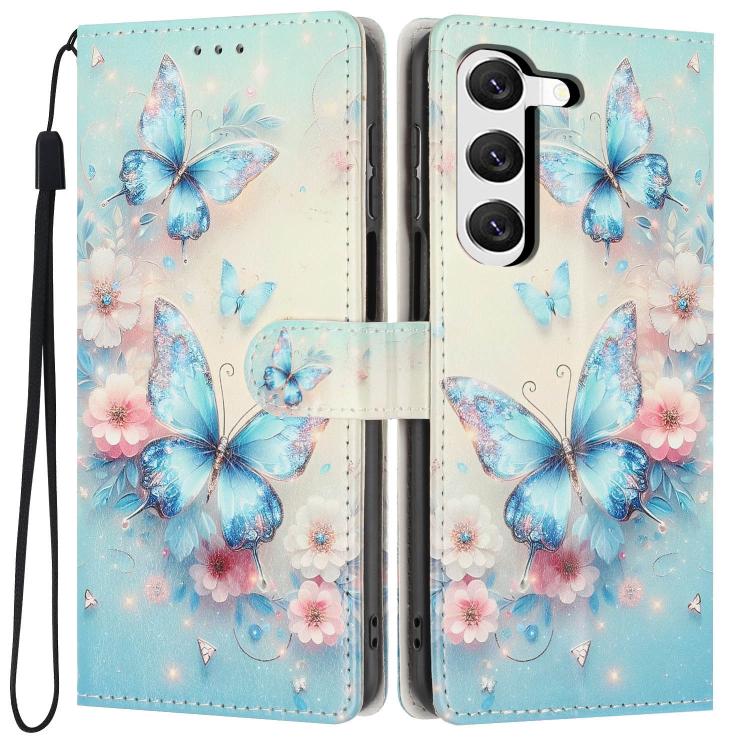 For Galaxy S23 5G Colorful Painting Vegan Leather Phone Case with Lanyard(Blue Butterflies) SUNSKY