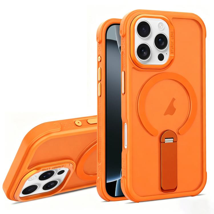 For iPhone 16 Pro Skin Feel PC TPU Hybrid Fold Holder Magnetic Phone Case(Orange) SUNSKY