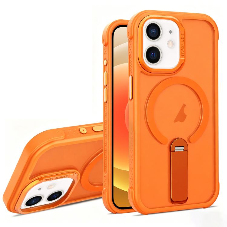 For iPhone 12 Skin Feel PC TPU Hybrid Fold Holder Magnetic Phone Case(Orange) SUNSKY
