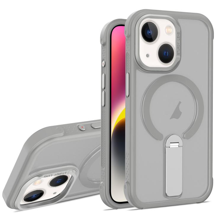 For iPhone 14 Plus Skin Feel PC TPU Hybrid Fold Holder Magnetic Phone Case(Grey) SUNSKY
