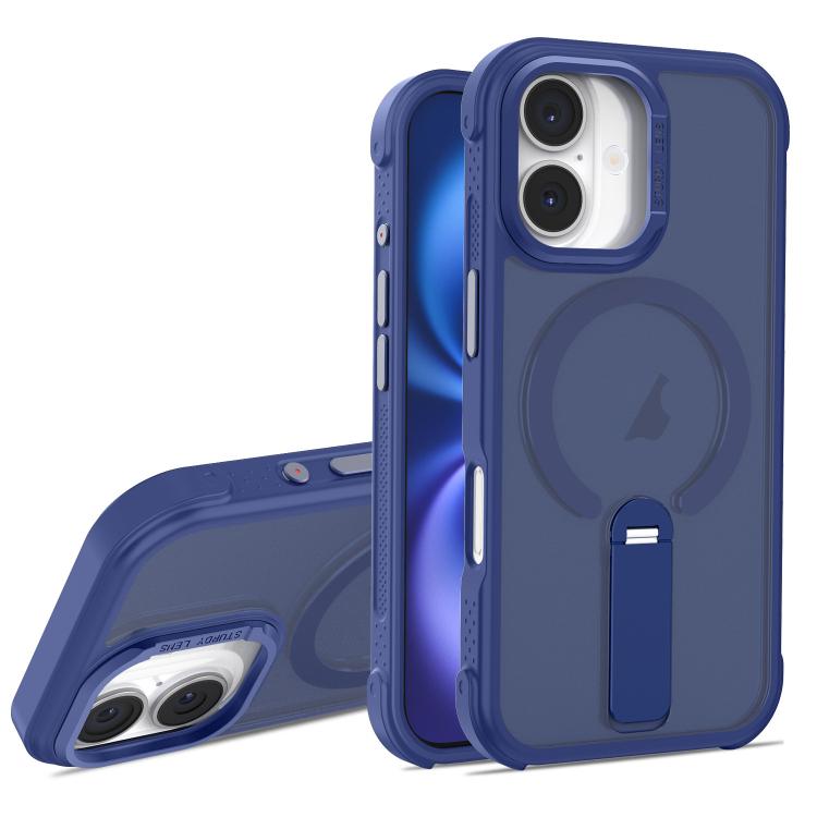 For iPhone 16 Plus Skin Feel PC TPU Hybrid Fold Holder Magnetic Phone Case(Dark Blue) SUNSKY