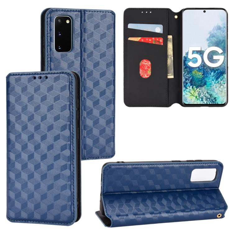 For Samsung Galaxy S20 Cubic Grid Texture Flip Leather Phone Case(Blue) SUNSKY