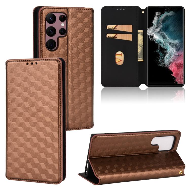 For Samsung Galaxy S22 Ultra 5G Cubic Grid Texture Flip Leather Phone Case(Brown) SUNSKY