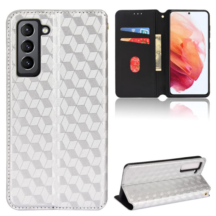 For Samsung Galaxy S21 5G Cubic Grid Texture Flip Leather Phone Case(Silver) SUNSKY