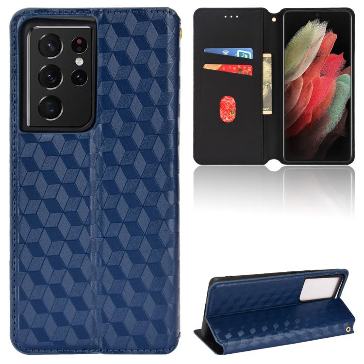 For Samsung Galaxy S21 Ultra 5G Cubic Grid Texture Flip Leather Phone Case(Blue) SUNSKY
