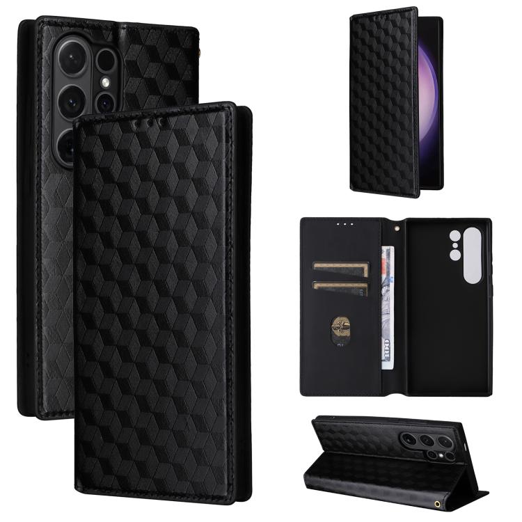 For Samsung Galaxy S25 Ultra 5G Cubic Grid Texture Flip Leather Phone Case(Black) SUNSKY