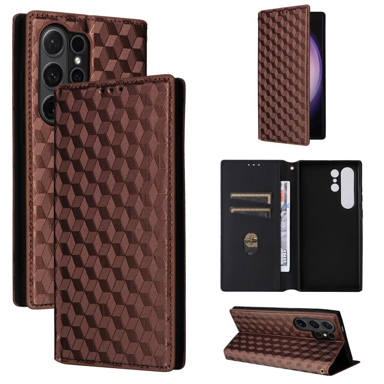 For Samsung Galaxy S24 Ultra 5G Cubic Grid Texture Flip Leather Phone Case(Brown) SUNSKY