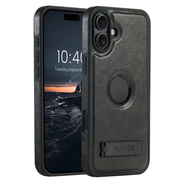 For iPhone 17 Suteni G2 Magsafe Oil Wax Leather Back Phone Case with Holder(Black)