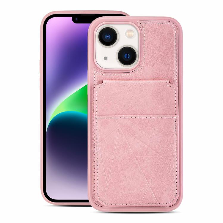 For iPhone 14 / 13 Multifunctional Vertical Flip Card Wallet Holder Vegan Leather Back Phone Case(Pink) SUNSKY