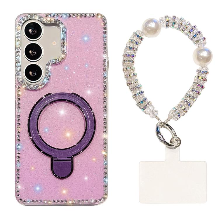 For Samsung Galaxy S25 5G Double-Sided IMD Rhinestone Magnetic Holder Shockproof Phone Case With Bracelet(Glitter Purple) SUNSKY