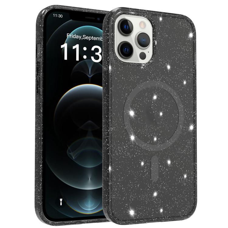 For iPhone 12 Pro Max Clear Glitter Magnetic PC Hybrid TPU Phone Case(Black) SUNSKY