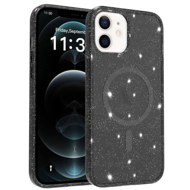 For iPhone 12 Clear Glitter Magnetic PC Hybrid TPU Phone Case(Black) SUNSKY