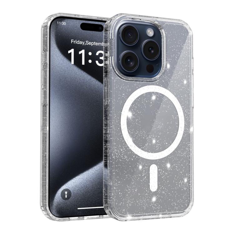 For iPhone 15 Pro Clear Glitter Magnetic PC Hybrid TPU Phone Case(Transparent) SUNSKY