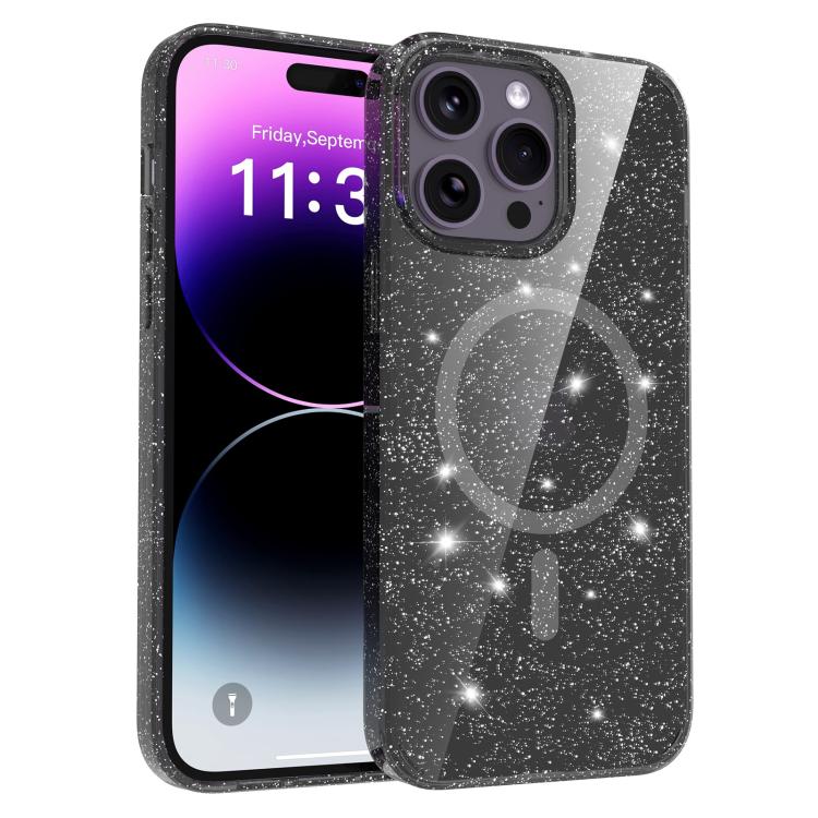 For iPhone 14 Pro Max Clear Glitter Magnetic PC Hybrid TPU Phone Case(Black) SUNSKY