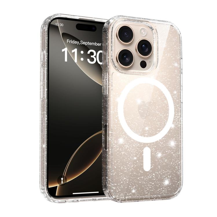 For iPhone 16 Pro Clear Glitter Magnetic PC Hybrid TPU Phone Case(Transparent) SUNSKY