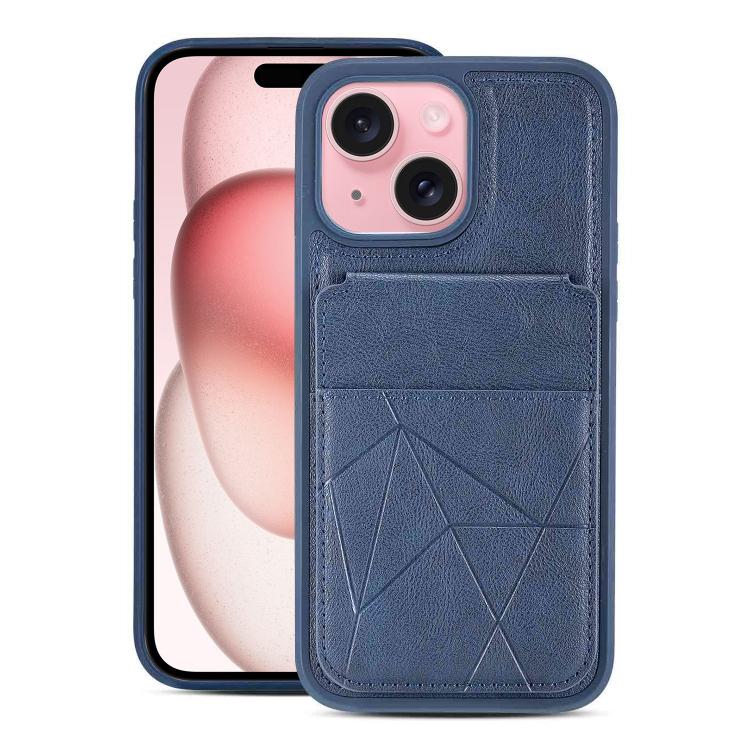For iPhone 15 Multifunctional Vertical Flip Card Wallet Holder Vegan Leather Back Phone Case(Blue) SUNSKY