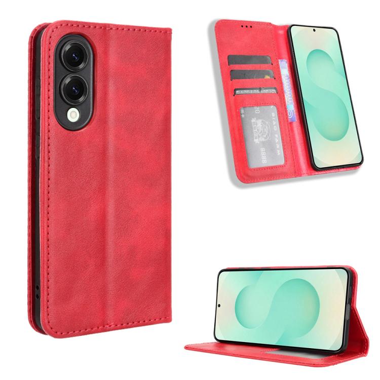 For Samsung Galaxy S25 Edge 5G Magnetic Buckle Retro Texture Leather Phone Case(Red) SUNSKY