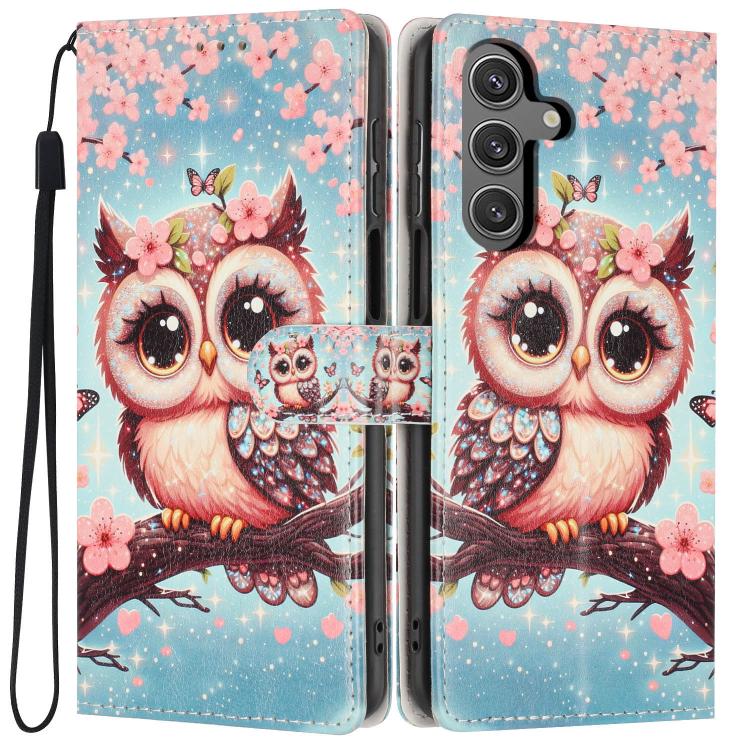For Galaxy S23 FE 5G Colorful Painting Vegan Leather Phone Case with Lanyard(Cherry Blossom Owl) SUNSKY