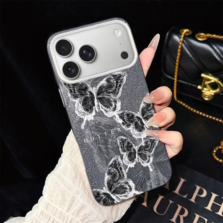For iPhone 18 Pro / 17 Pro Sketch Butterflies Pattern IMD Glitter PC Hybrid TPU Phone Case(Black) SUNSKY