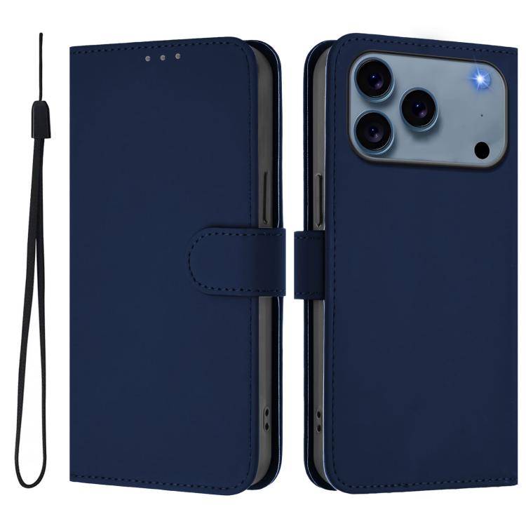 For iPhone 18 Pro Max / 17 Pro Max Skin Feel Solid Color Leather Phone Case with Lanyard(Navy Blue) SUNSKY