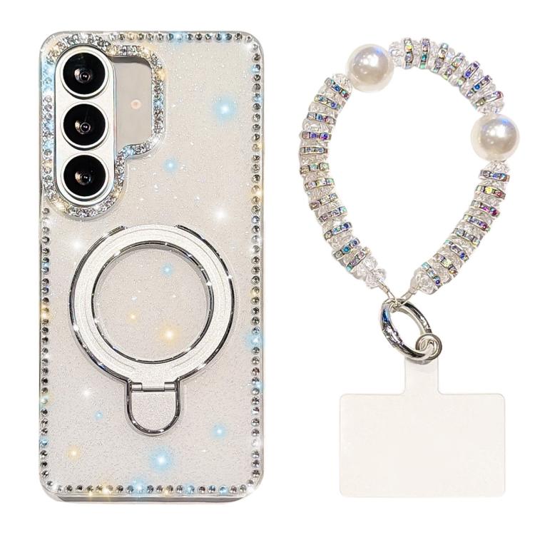 For Samsung Galaxy S26 5G Double-Sided IMD Rhinestone Magnetic Holder Shockproof Phone Case With Bracelet(Glitter White) SUNSKY